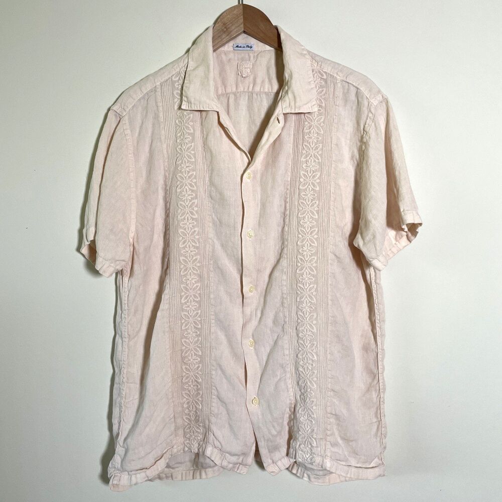 120% Lino Men's Short Sleeve Linen Shirt Sz XL Peach Pink Guayabera Resort Italy